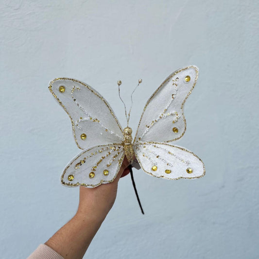 Borboleta Natalina Branco com Glitter Dourado – 25cm