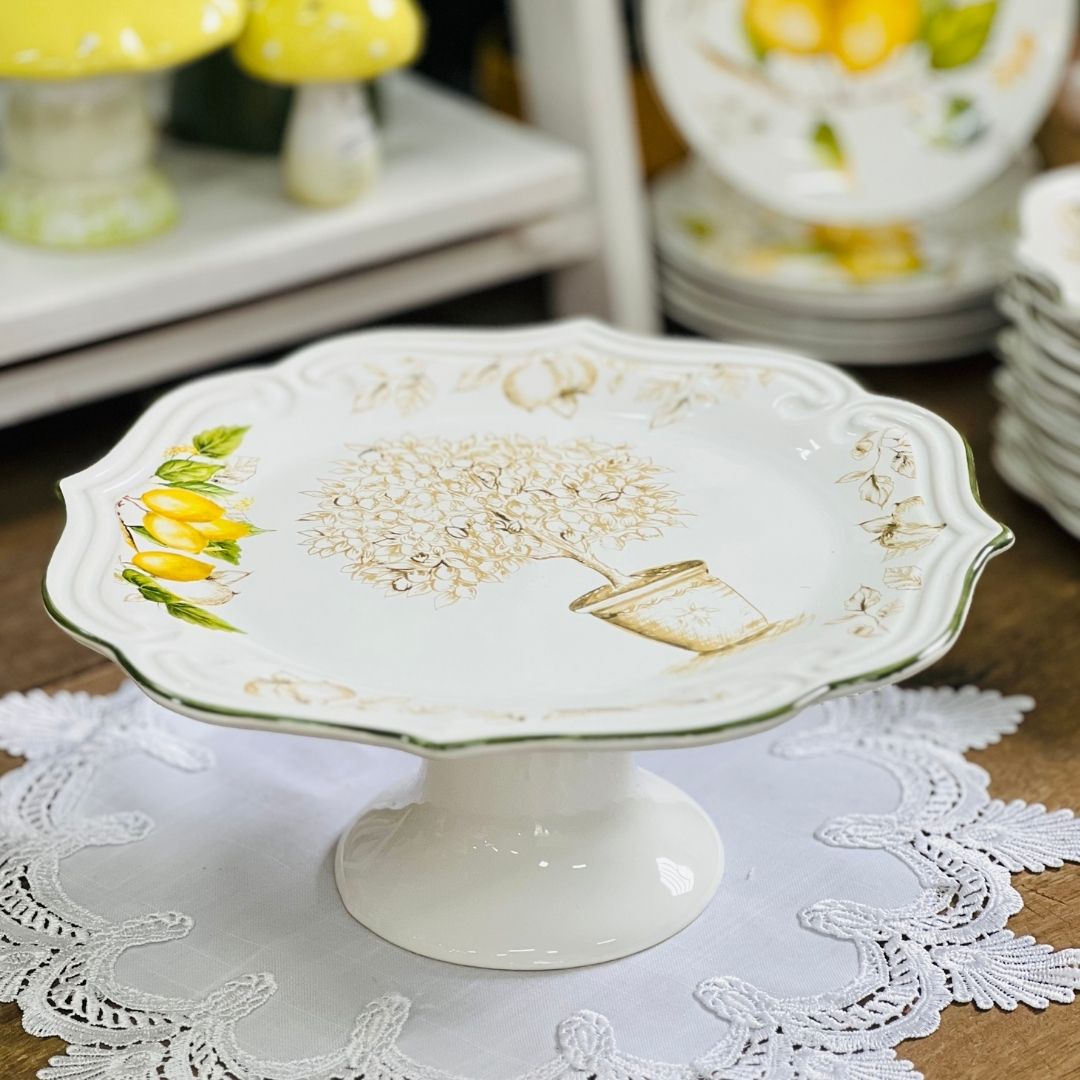 Prato Para Bolo Com Pé Toscana Branco Limão Siciliano - 33cm