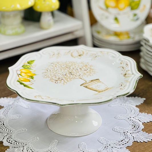 Prato Para Bolo Com Pé Toscana Branco Limão Siciliano - 33cm