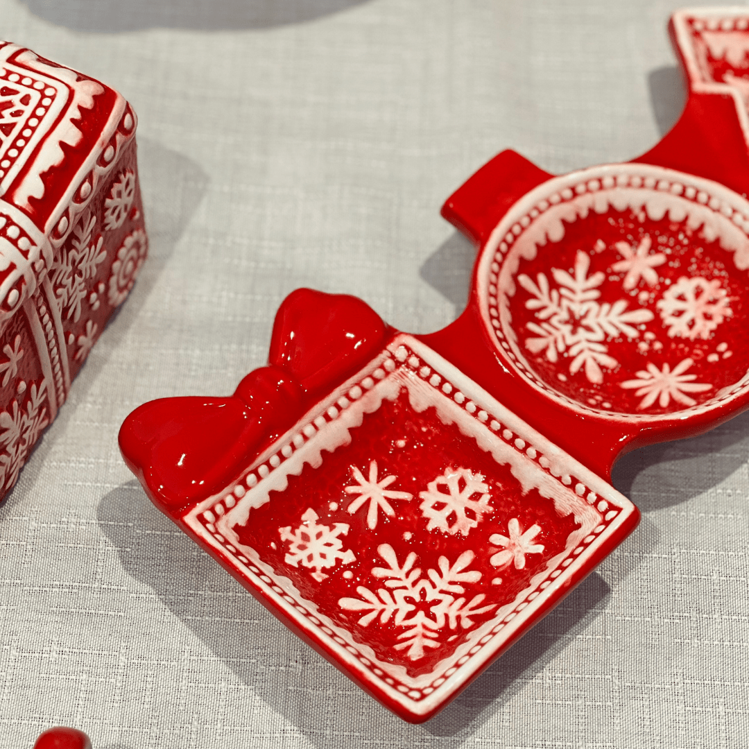 Petisqueira Natalina Flocos de Neve Vermelha de Cerâmica 34x15cm