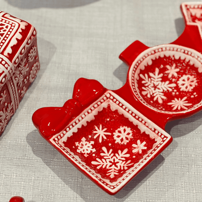 Petisqueira Natalina Flocos de Neve Vermelha de Cerâmica 34x15cm