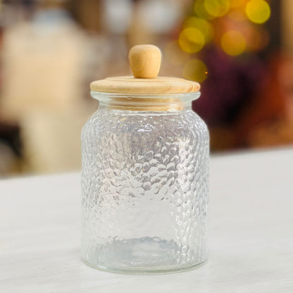 Pote de Vidro Martelado Com Tampa de Bambu - 1L