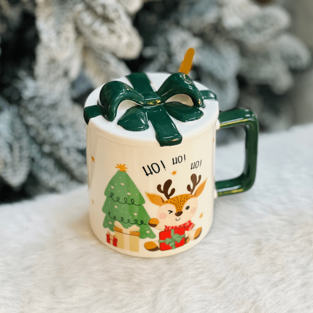 Caneca Natalina Rena Com Colher e Tampa de Cerâmica 300ml