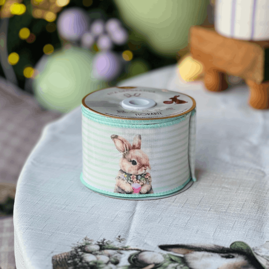 Fita de Páscoa Aramada Coelho Com Listras Verdes 6,3cm x 9,14m