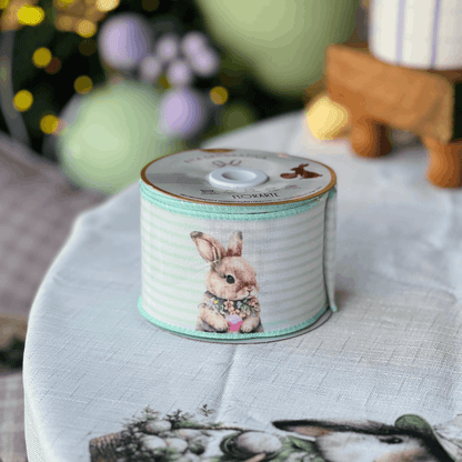 Fita de Páscoa Aramada Coelho Com Listras Verdes 6,3cm x 9,14m