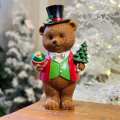 Urso Resina Com Bola e Pinheiro - Alt 34 Cm