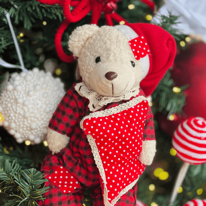 Urso Natalino de Pijama Xadrez Vermelho 30cm