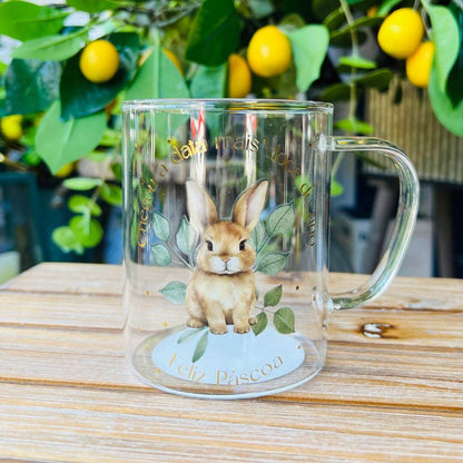 Caneca Vidro Coelhos Com Folhas - 410ml