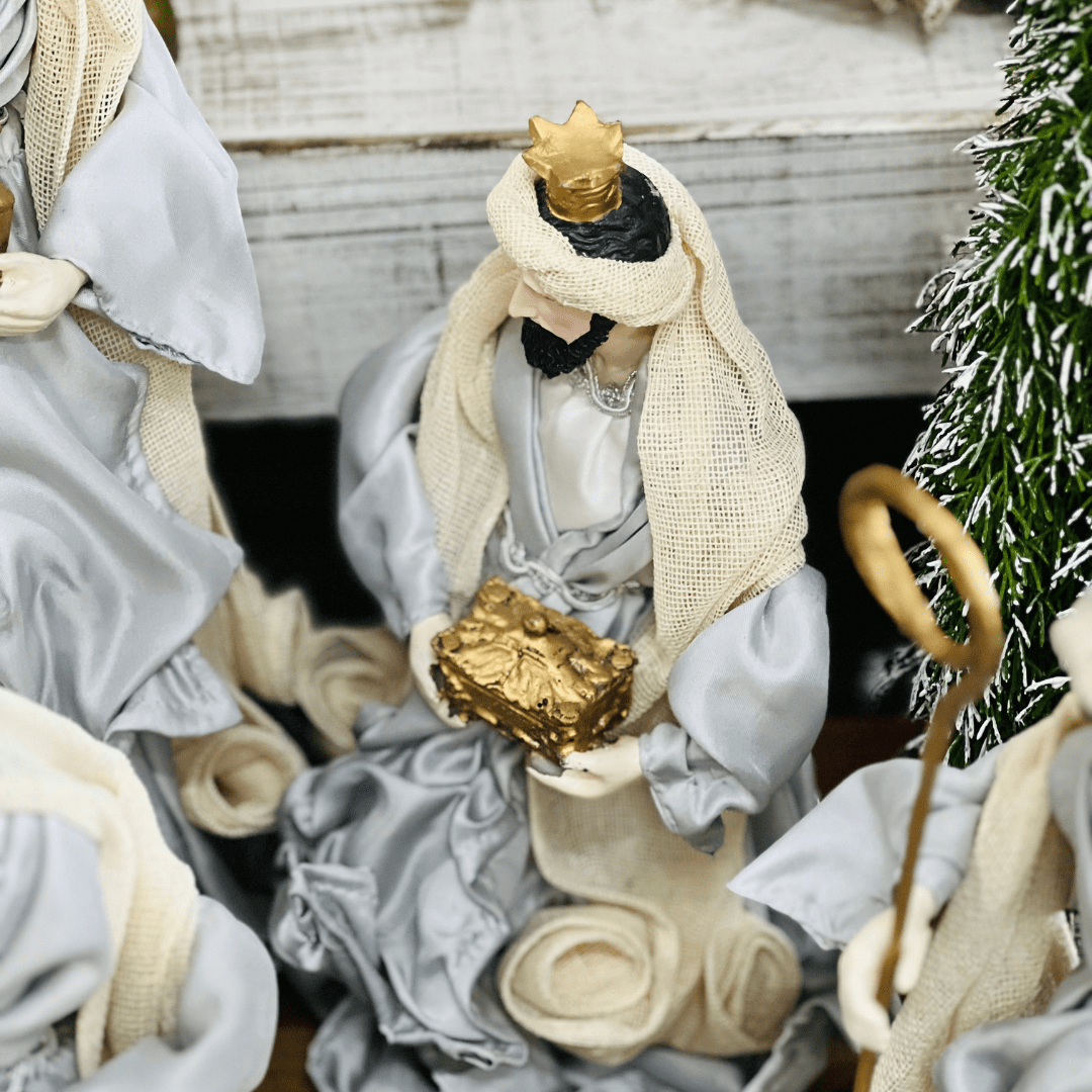 Presépio Natalino Plus Grande Azul e Bege de Resina 40cm 6 Peças