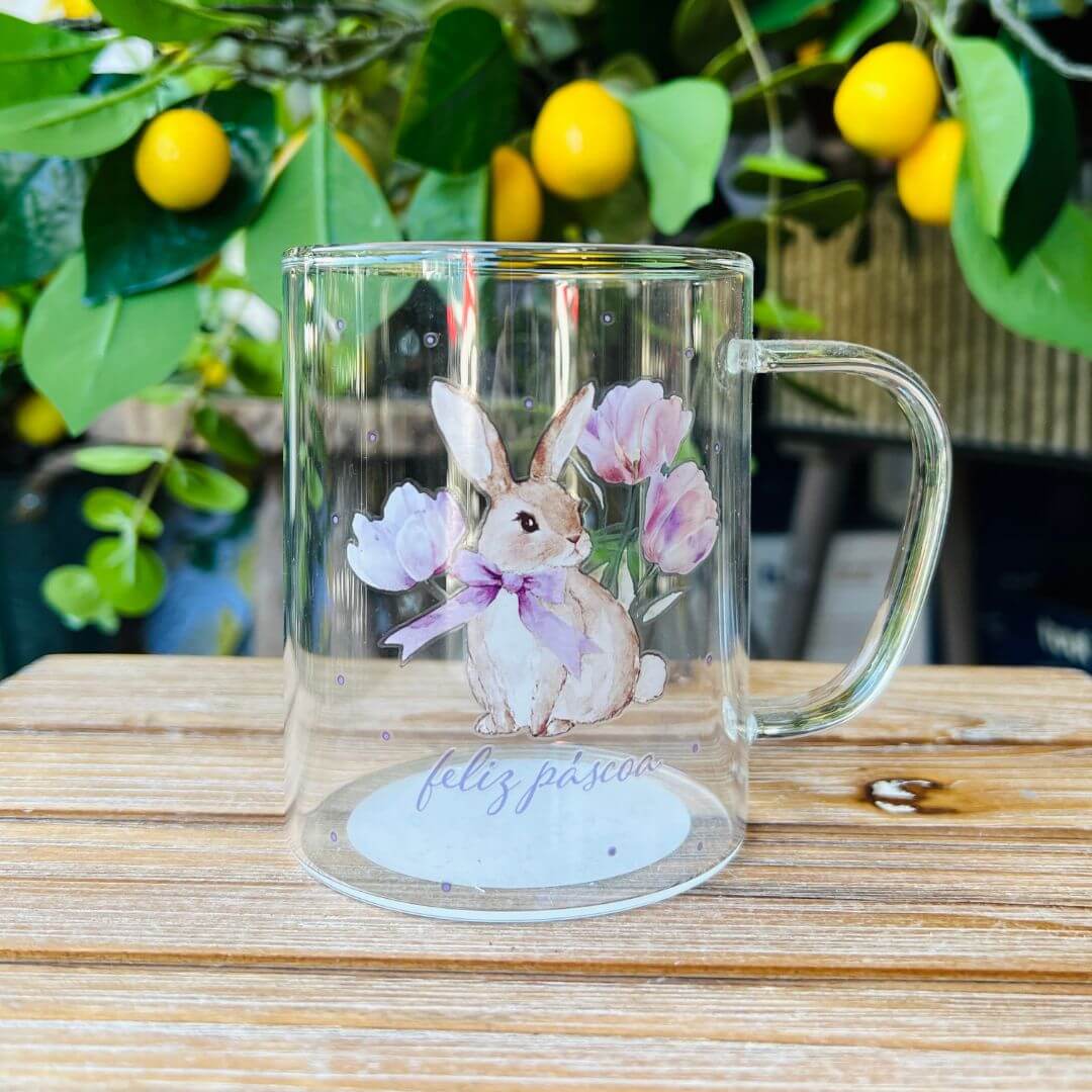 Caneca Vidro Coelho Com Tulipas Rosa - 410ml