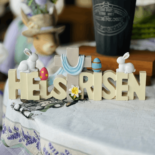 Letreiro Religioso de Páscoa He Is Risen de Resina 14,5x37,5x5,6cm