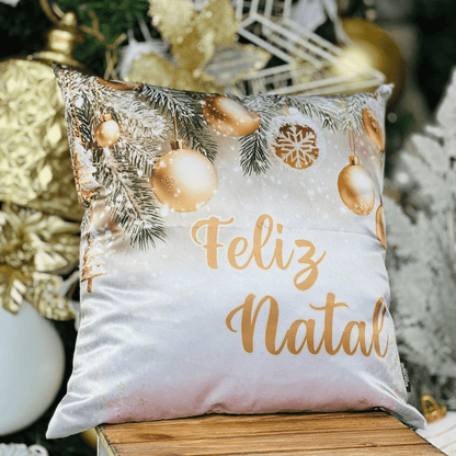 Capa de Almofada Natalina Feliz Natal Dourado e Branco 43cm