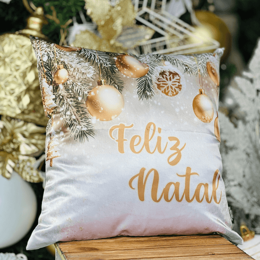 Capa de Almofada Natalina Feliz Natal Dourado e Branco 43cm