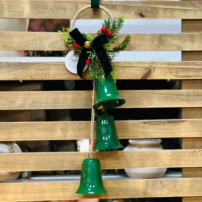 Enfeite Pendente de Sinos com Laço Verde – 45cm