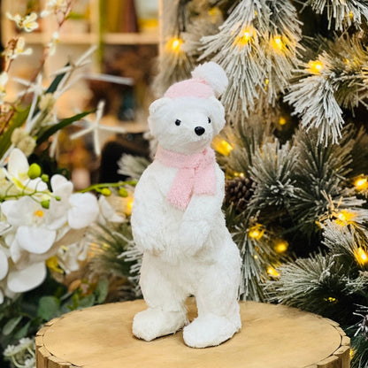 Urso de Natal Branco e Rosa Em Pé de Sisal 36cm