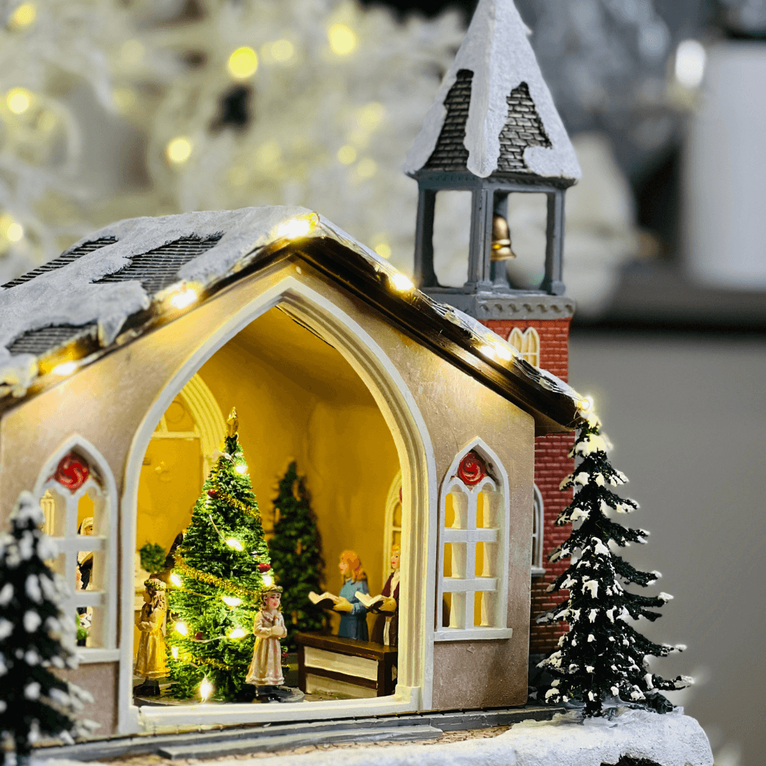 Cenário Natalino Igreja com Movimento e Som de Sino – 34cm
