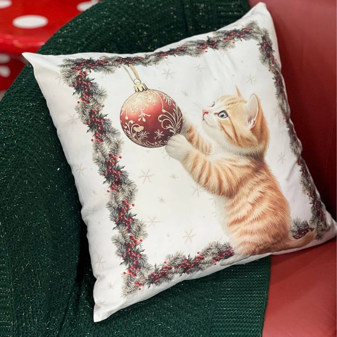 Capa de Almofada Luxor Natal Cats Bola – 50x50cm