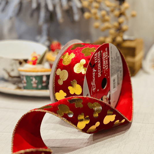 Fita Natalina Mickey Aramada Vermelho e Dourado 6,3x9,14m