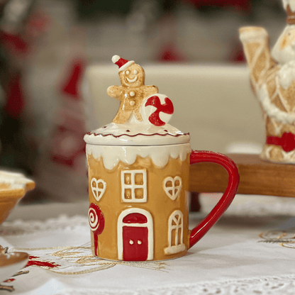 Caneca Natalina Gingerbread Com Tampa de Cerâmica 17cm