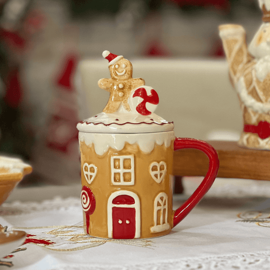 Caneca Natalina Gingerbread Com Tampa de Cerâmica 17cm