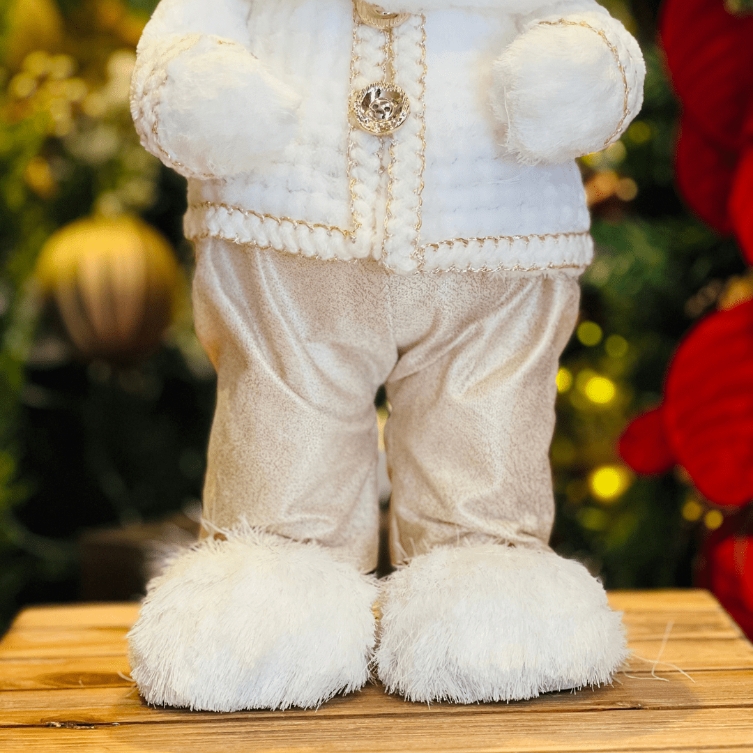 Urso Natalino  Em Pé Branco e Dourado de Sisal 47x23cm