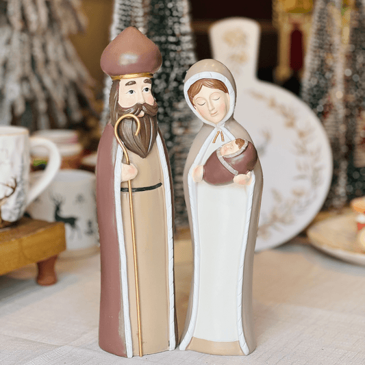 Conjunto Maria e José de Resina Marrom e Bege - 26cm e 29cm
