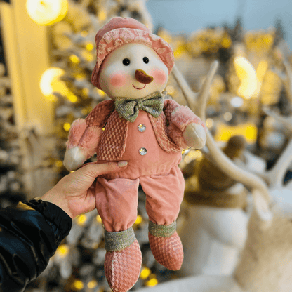 Boneco de Neve Natalino Rosa e Verde de Pelúcia 38cm