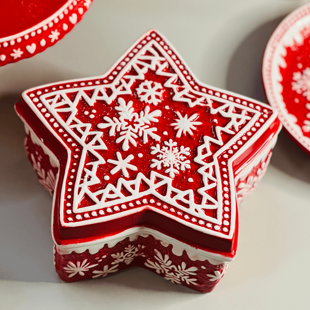 Pote Natalino Estrela Vermelho e Branco de Cerâmica 20x20x9cm