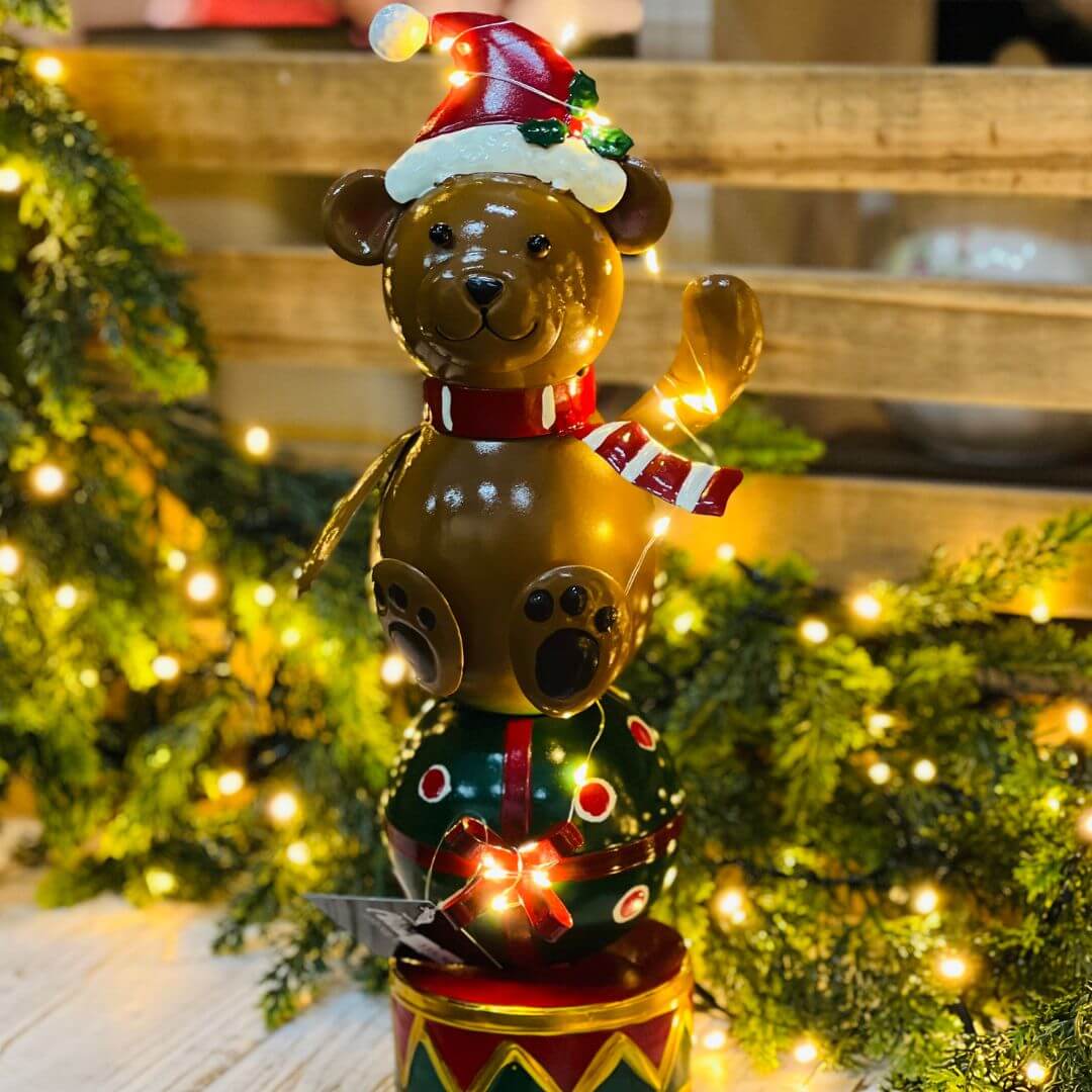 Enfeite de Metal Tambor com Urso e LED – 37,3cm