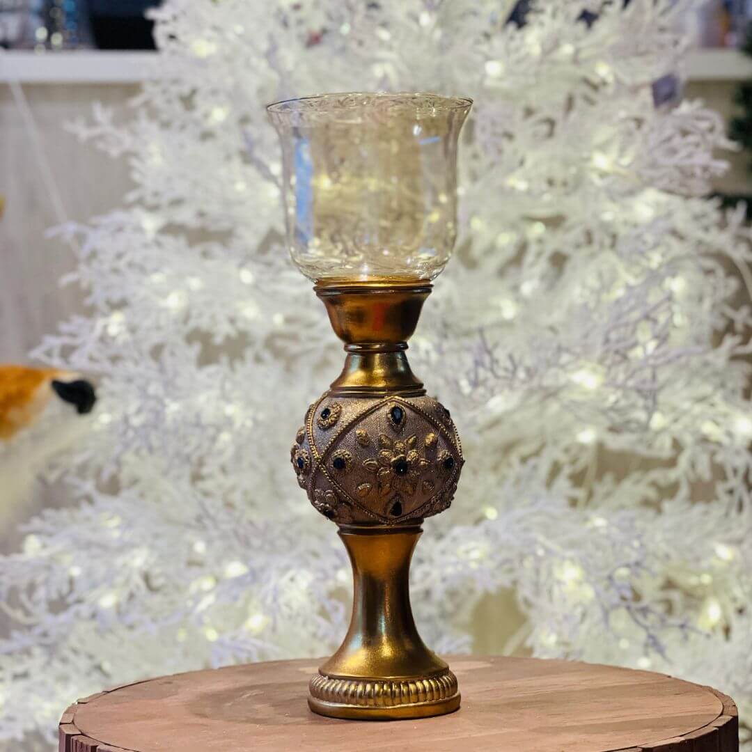 Castiçal Dourado com Pedrarias Azuis - 44,5cm