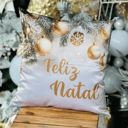 Capa de Almofada Natalina Feliz Natal Dourado e Branco 43cm