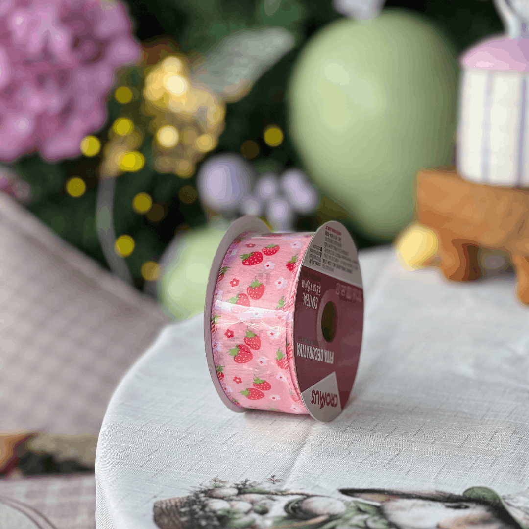 Fita Decorativa Aramada Morangos Rosa e Vermelho 3,8cm x 9,14m