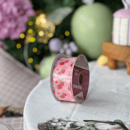 Fita Decorativa Aramada Morangos Rosa e Vermelho 3,8cm x 9,14m