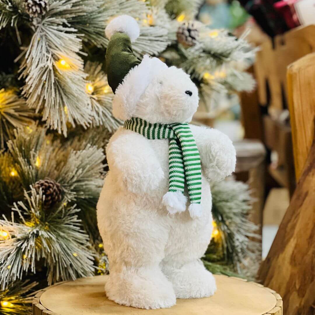 Urso Polar Natalino Em Pé Branco e Verde 38x20cm