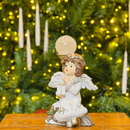 Anjo Natalino Branco de Resina Com Led 24,5x15,5x11cm