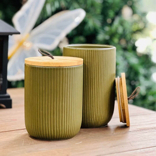 Potiche de Cerâmica Decorativo Com Tampa Em Bambu e Pegador de Corda Lines Verde - 10x10x12,5cm