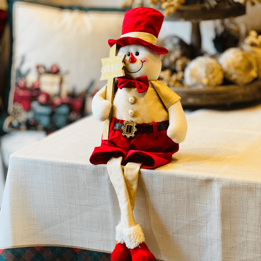 Boneco de Neve Natalino Sentado Vermelho e Dourado 54cm