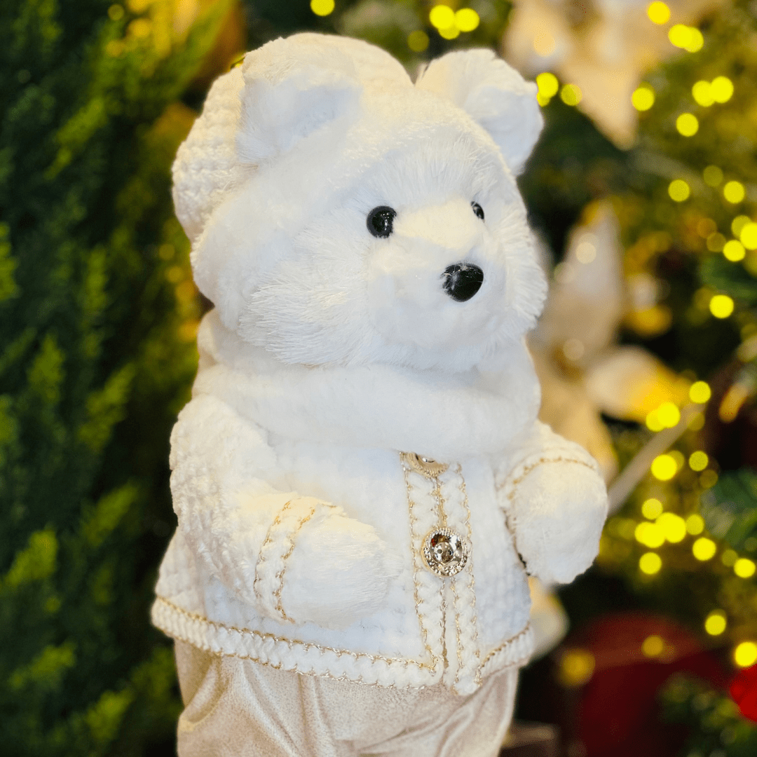 Urso Natalino  Em Pé Branco e Dourado de Sisal 47x23cm