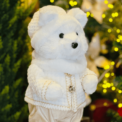 Urso Natalino  Em Pé Branco e Dourado de Sisal 47x23cm