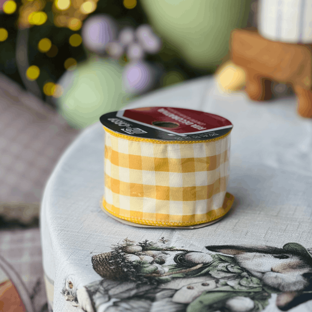 Fita Decorativa Aramada Xadrez Amarelo 6,3cm x 9,14m