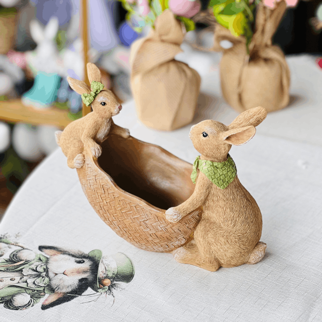 Coelhos Com Cesto Chocolate de Resina 25cm