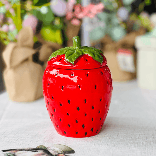 Pote Com Tampa Morango de Cerâmica 17cm