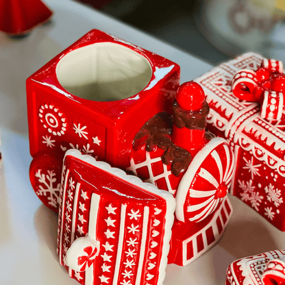 Pote Natalino Trem Vermelho e Branco de Cerâmica 22x15cm