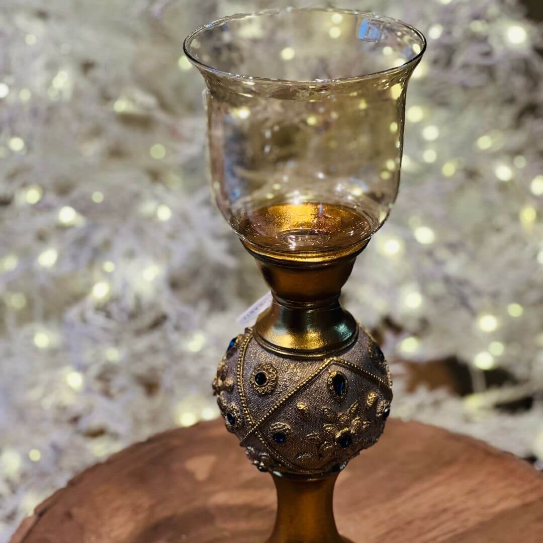 Castiçal Dourado com Pedrarias Azuis - 44,5cm
