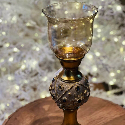Castiçal Dourado com Pedrarias Azuis - 44,5cm