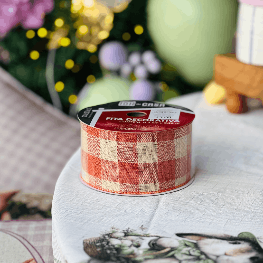Fita Decorativa Aramada Xadrez Laranja e Bege 6,3cm x 9,14m