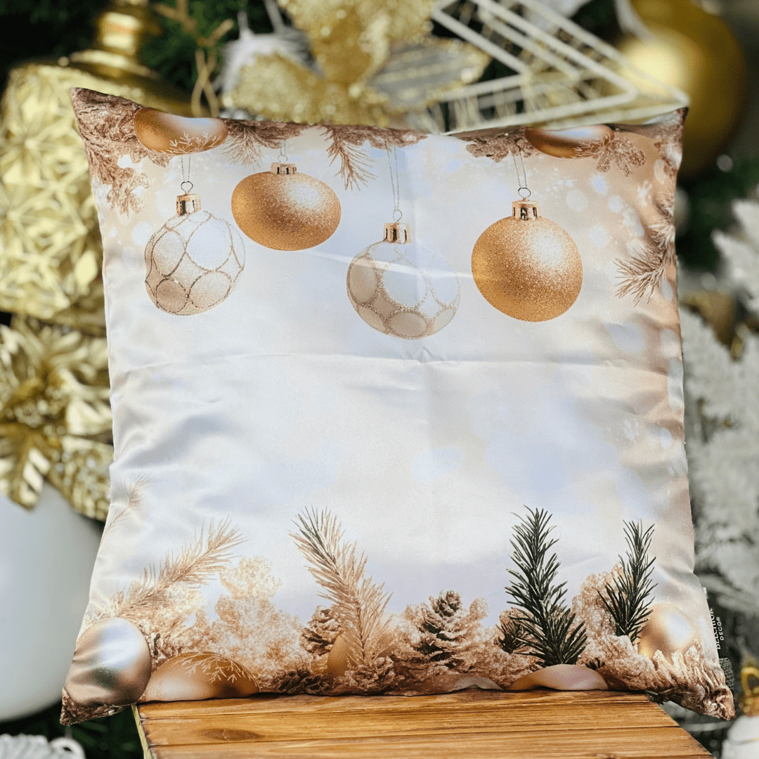 Capa de Almofada Natalina Bolas Dourado e Branco 43cm