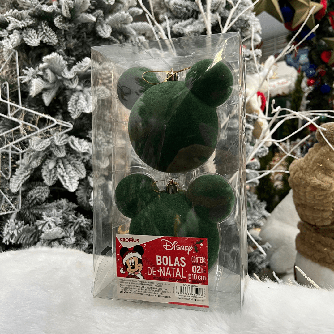 Jogo 2 Bolas Natalinas Mickey Verde Veludo 10cm