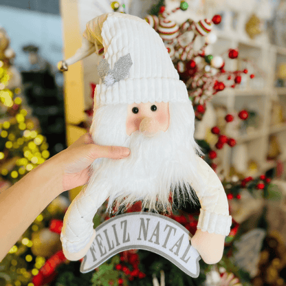 Papai Noel para Pendurar Branco e Prata de Pelúcia 60x30cm