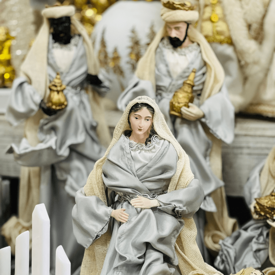 Presépio Natalino Plus Grande Azul e Bege de Resina 40cm 6 Peças